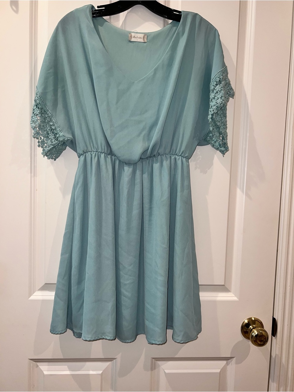 Altar'd State Light Aqua Mini Dress with Crochet Sleeve Detail